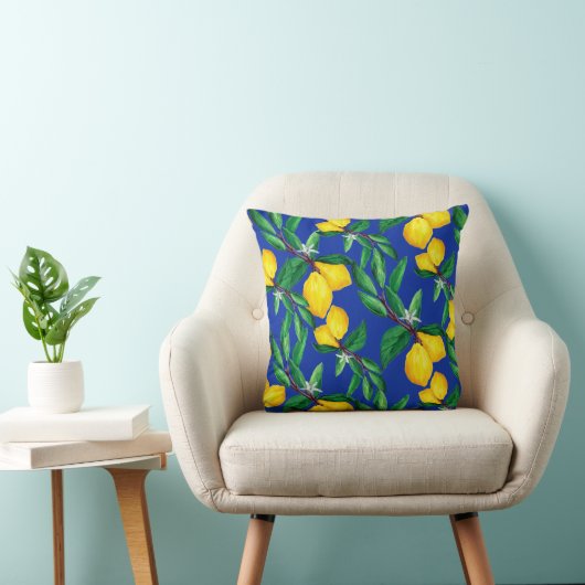 Lemon Leaf Yellow Green Blue Pattern Throw Pillow クッション (椅子)
