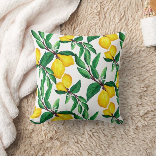 Lemon Leaf Yellow Green Pattern Throw Pillow クッション (ブランケット)