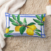 Lemon Leaves Citrus Yellow Green Leaf Blue Lattice ランバークッション (ブランケット)
