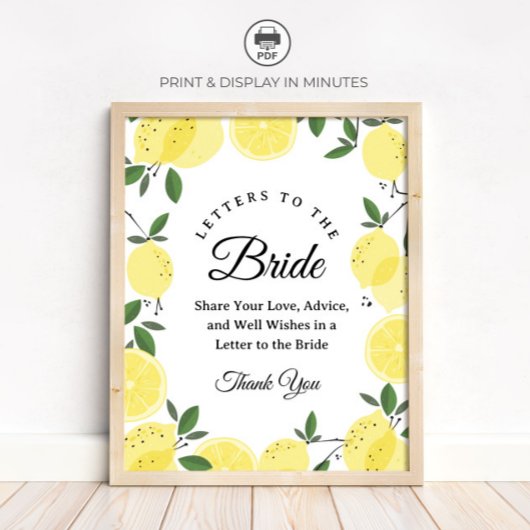 Lemon "Letters to the Bride" Bridal Shower sign ポスター