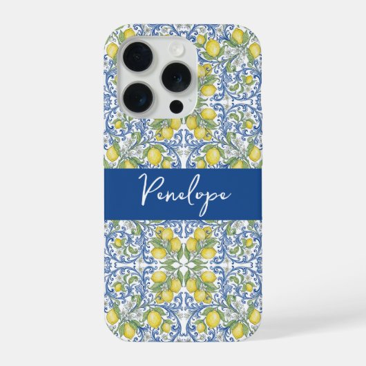 Lemon Mediterranean Blue White Tile Pattern iPhoneケース (裏面)