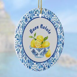 Lemon Mediterranean Buon Natale Azulejo Blue Toile セラミックオーナメント