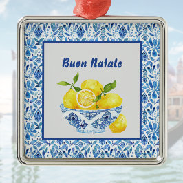 Lemon Mediterranean Buon Natale Azulejo Blue Toile メタルオーナメント