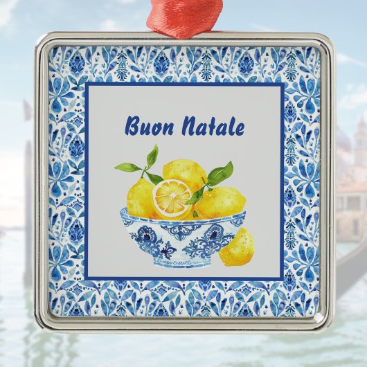 Lemon Mediterranean Buon Natale Azulejo Blue Toile メタルオーナメント