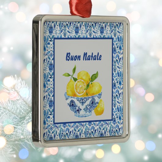 Lemon Mediterranean Buon Natale Azulejo Blue Toile メタルオーナメント