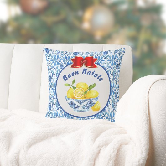 Lemon Mediterranean Tile Buon Natale Blue Red Bow クッション