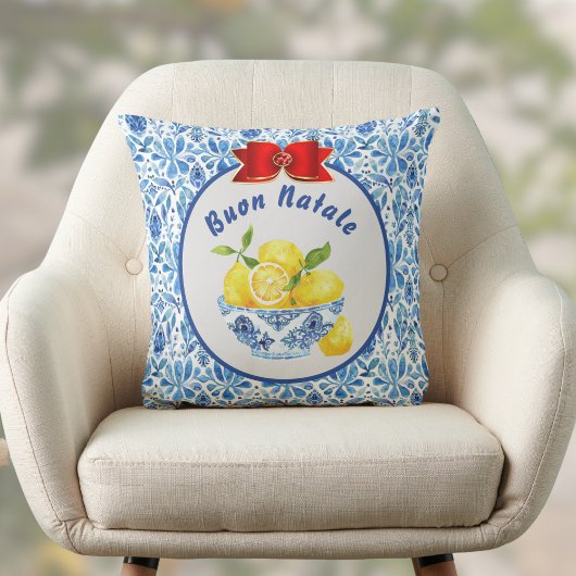 Lemon Mediterranean Tile Buon Natale Blue Red Bow クッション