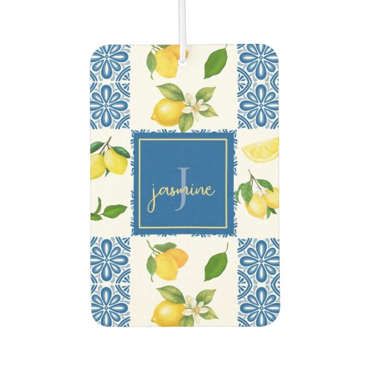 Lemon Monogram Name French Country Tile Pattern カーエアーフレッシュナー (正面)
