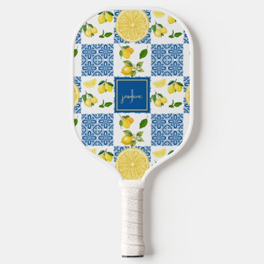 Lemon Monogram Name French Country Tile Pattern ピックルボールラケット (正面)