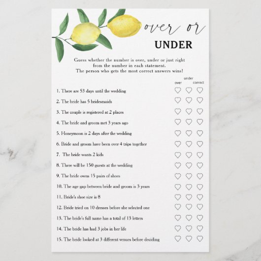 Lemon - Over or under bridal shower game (正面)