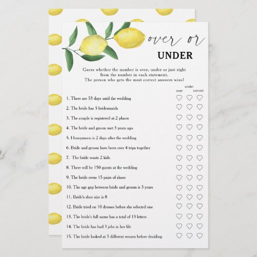 Lemon - Over or under bridal shower game (正面/裏面)