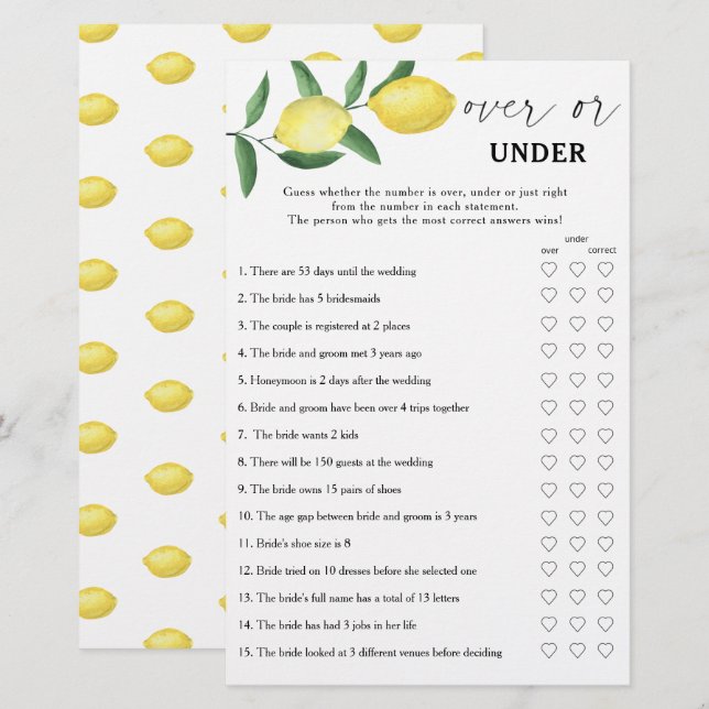 Lemon - Over or under bridal shower game (正面/裏面)