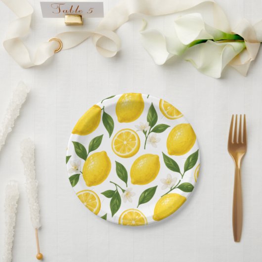 Lemon Pattern Design | Fresh Citrus Summer Print  ペーパープレート (ウェディング)