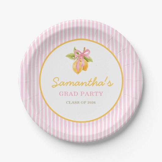 Lemon pink bow graduation party  ペーパープレート (正面)