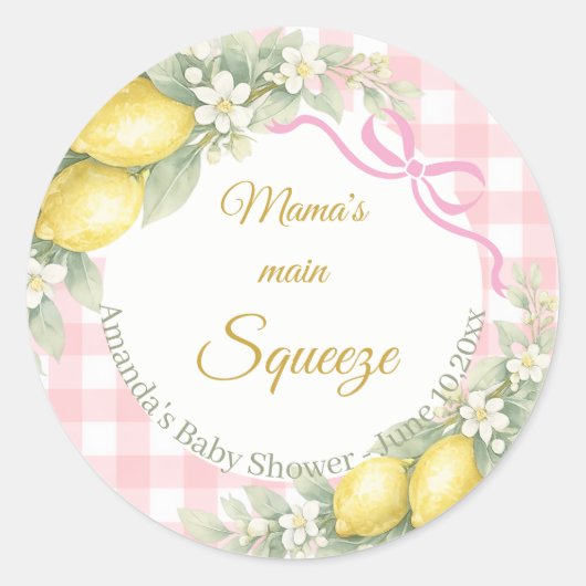 Lemon pink gingham mama's main squeeze Baby Shower ラウンドシール (正面)
