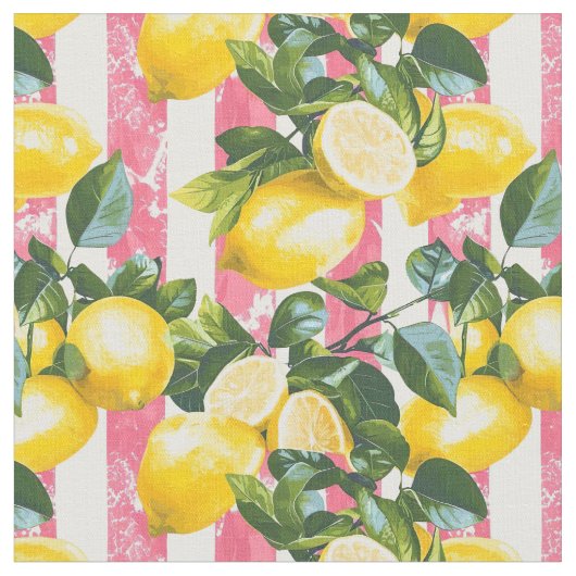 Lemon Pink Stripe Cotton Fabric ファブリック (クローズアップ)