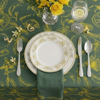 Lemon Print Yellow on Dark Green  テーブルクロス