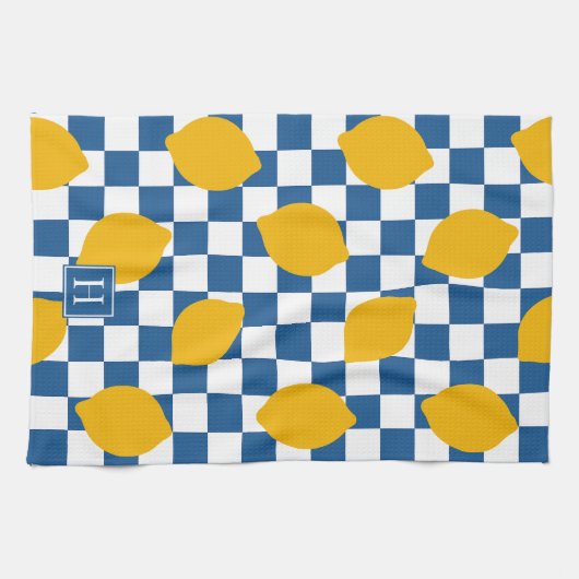 Lemon Rustic Farmhouse Blue White Check Monogram キッチンタオル (横)