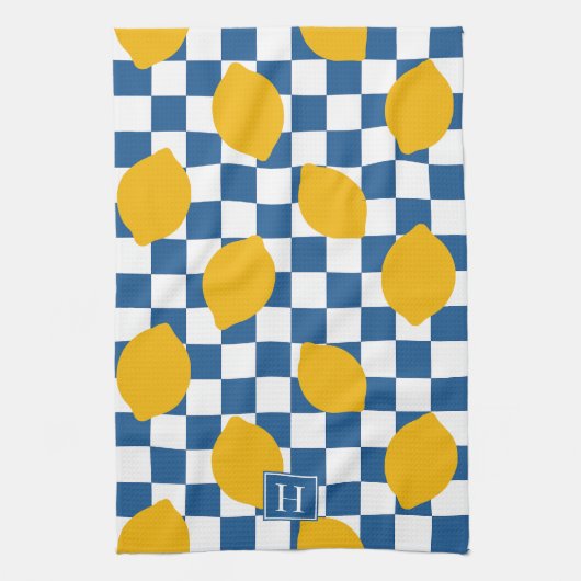 Lemon Rustic Farmhouse Blue White Check Monogram キッチンタオル (縦)