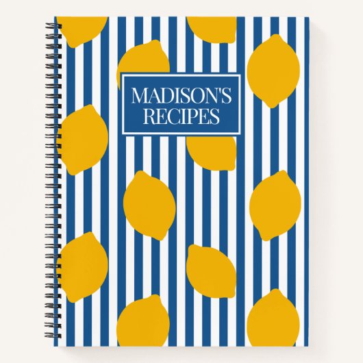Lemon Rustic Farmhouse Blue & White Stripe Recipe ノートブック (正面)