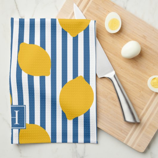 Lemon Rustic Farmhouse Stripe Monogram キッチンタオル (四つ折り)