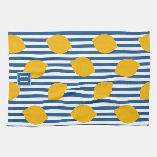 Lemon Rustic Farmhouse Stripe Monogram キッチンタオル (横)