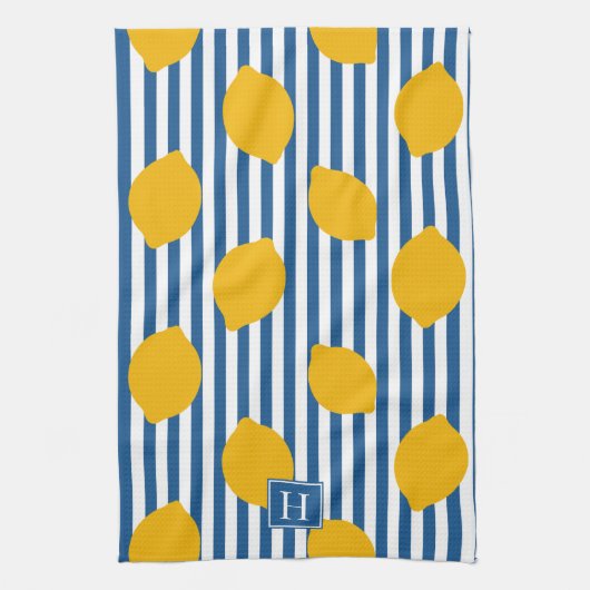 Lemon Rustic Farmhouse Stripe Monogram キッチンタオル (縦)
