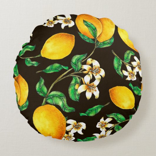 Lemon Seamless Pattern hand painted in watercolor ラウンドクッション (正面)