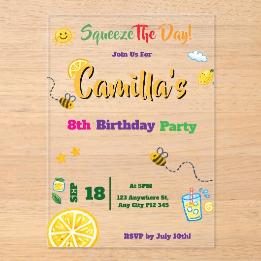 Lemon Summer Theme Kids Birthday Invitation Card アクリル招待状 (正面)