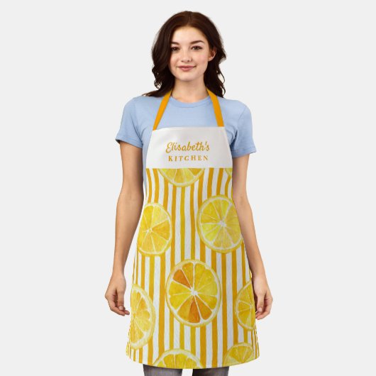 Lemon Theme Stripes Name Apron エプロン (着用した状態)