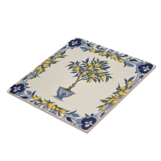 Lemon Tree in Blue and White Pot Lemons Border タイル (側面)