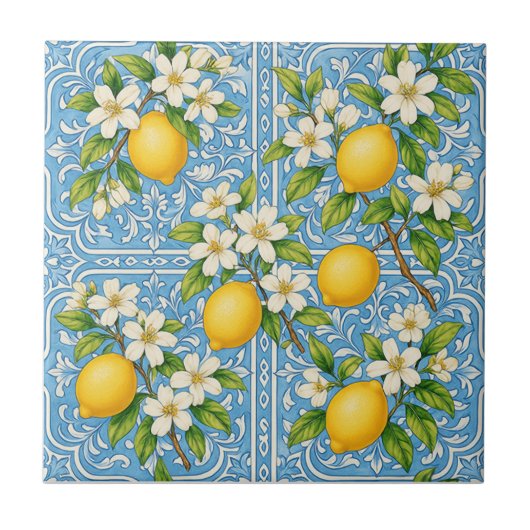 Lemon Watercolor Blue Mediterranean Pattern タイル (正面)