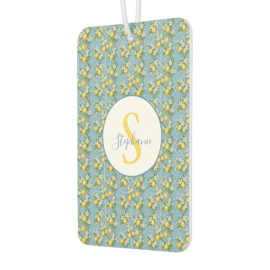 Lemon Watercolor Blue Mediterranean Tile Pattern カーエアーフレッシュナー (左)