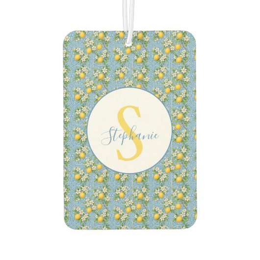 Lemon Watercolor Blue Mediterranean Tile Pattern カーエアーフレッシュナー (裏面)