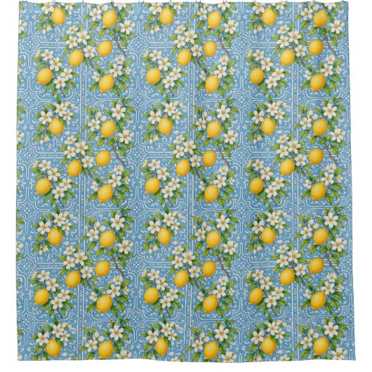 Lemon Watercolor Blue Mediterranean Tile Pattern シャワーカーテン (正面)