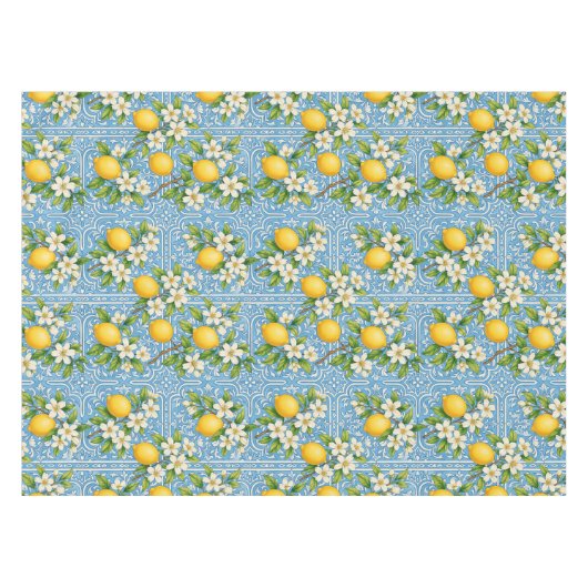 Lemon Watercolor Blue Mediterranean Tile Pattern テーブルクロス (正面(横))