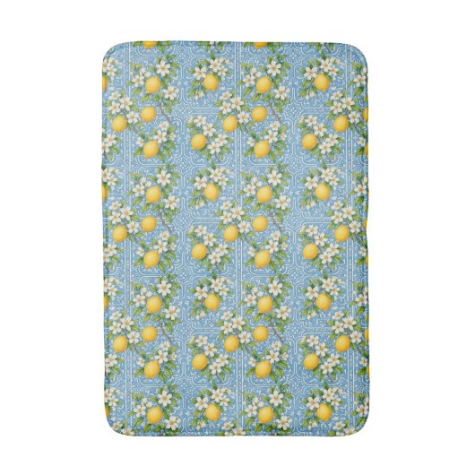 Lemon Watercolor Blue Mediterranean Tile Pattern バスマット (正面縦)