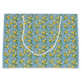 Lemon Watercolor Blue Mediterranean Tile Pattern ラージペーパーバッグ