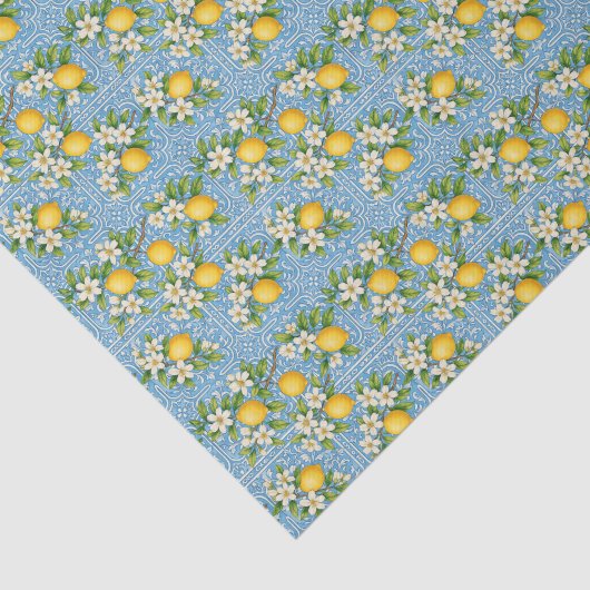 Lemon Watercolor Blue Mediterranean Tile Pattern 薄葉紙 (詳細)