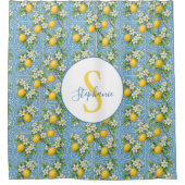 Lemon Watercolor Blue Tile Pattern Personalized シャワーカーテン (正面)