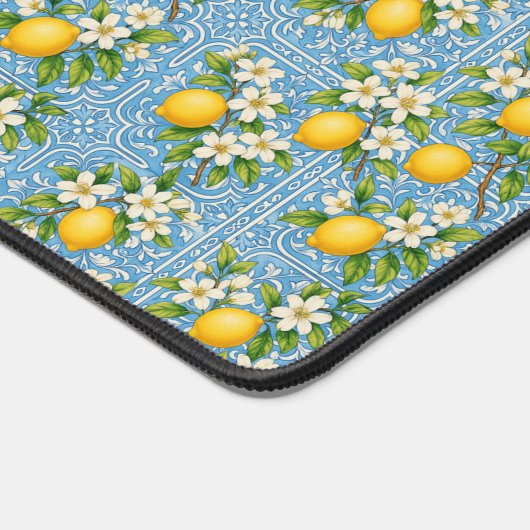 Lemon Watercolor Blue Tile Pattern Personalized デスクマット (コーナー)