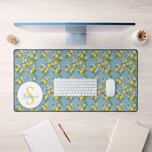 Lemon Watercolor Blue Tile Pattern Personalized デスクマット (オフィス1)