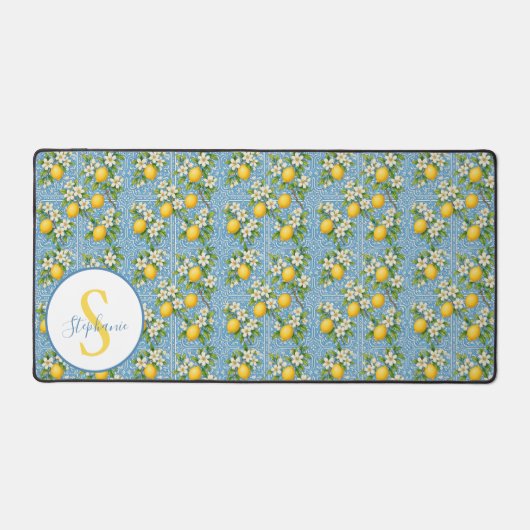 Lemon Watercolor Blue Tile Pattern Personalized デスクマット (正面)