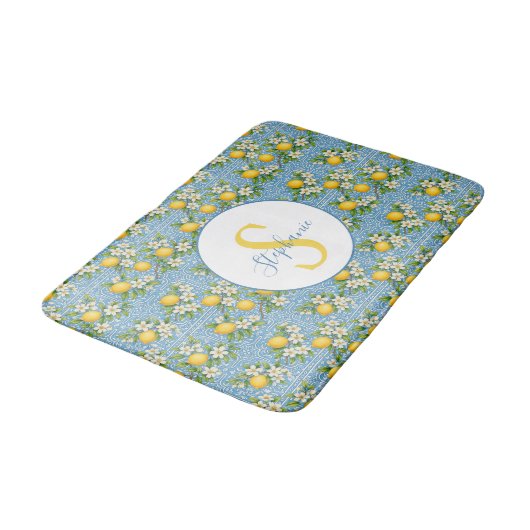 Lemon Watercolor Blue Tile Pattern Personalized バスマット (アングル)