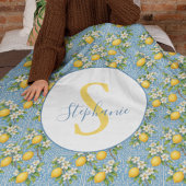 Lemon Watercolor Blue Tile Pattern Personalized フリースブランケット