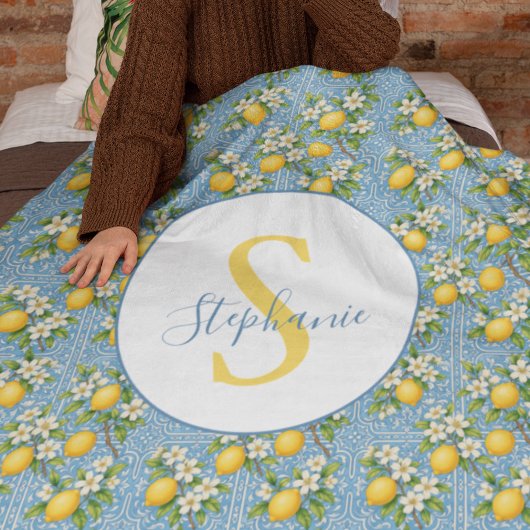 Lemon Watercolor Blue Tile Pattern Personalized フリースブランケット