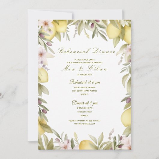 Lemon watercolor rehearsal dinner invite 招待状 (正面)