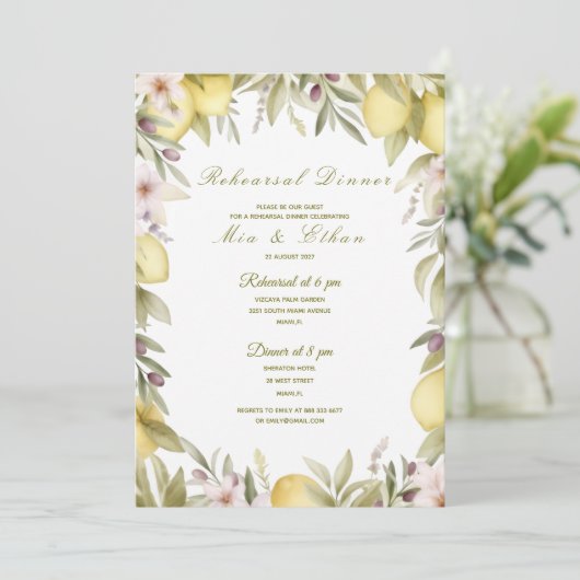Lemon watercolor rehearsal dinner invite 招待状 (スタンド正面)