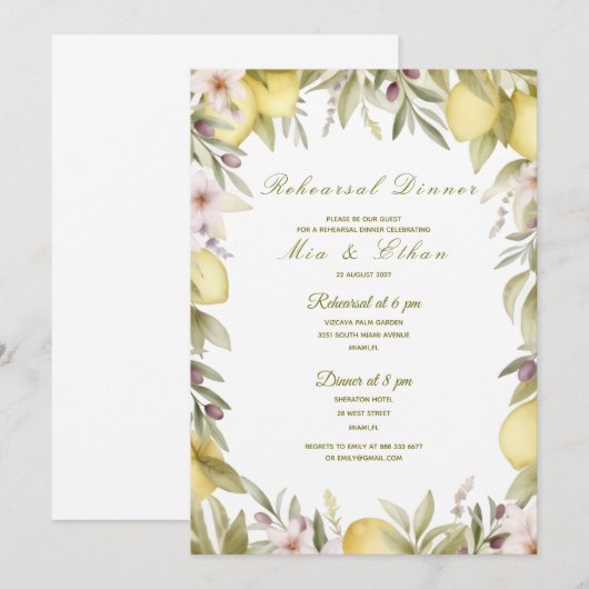 Lemon watercolor rehearsal dinner invite 招待状 (正面/裏面)