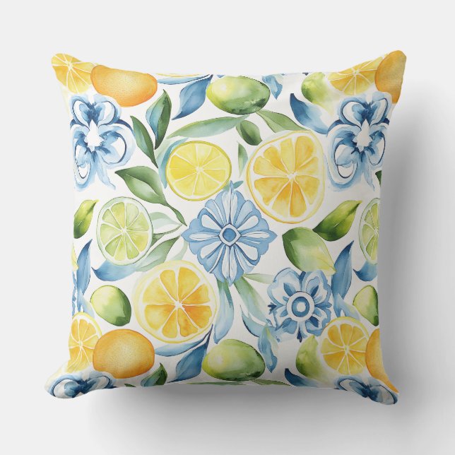 Lemon with Blues Pattern Throw Pillow アウトドアクッション (正面)